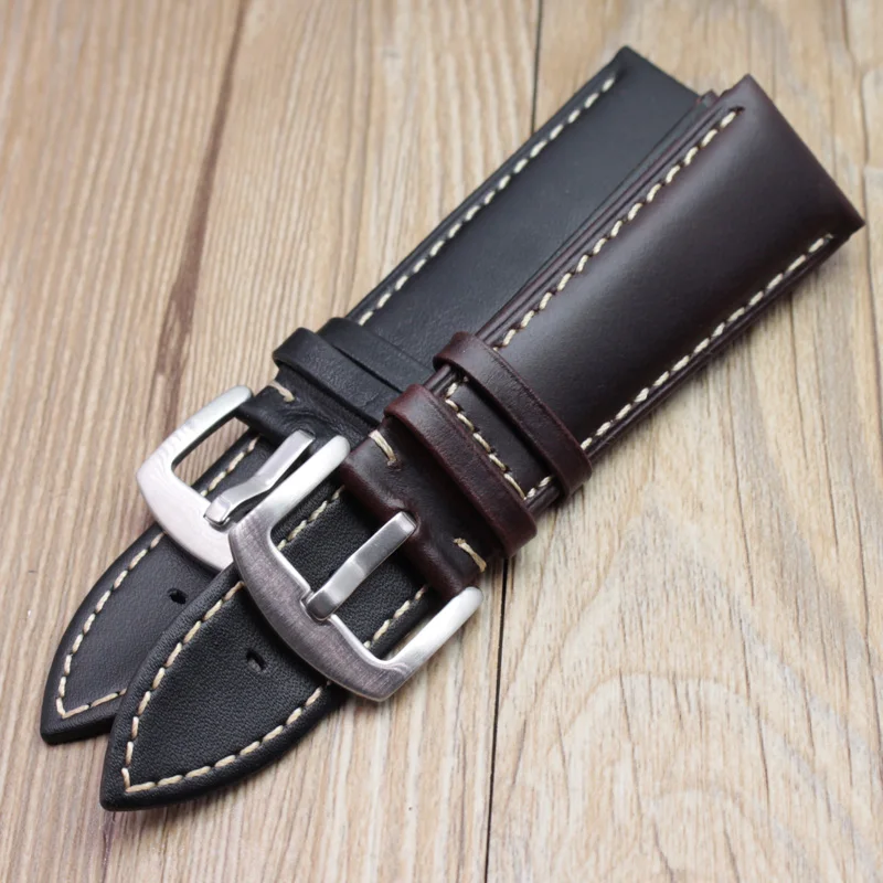 Retro Genuine Leather Watchbands Men 22mm 24mm Watch Band Strap Stainless Steel Brushed Buckle Accessories
