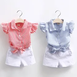 2024 Summer 2 3 4 5 6 7 8 10 Years Young Cotton Striped Fly Sleeve Shirt+White Shorts 2 Piece Baby Kids Girl Outfits Suit Sets