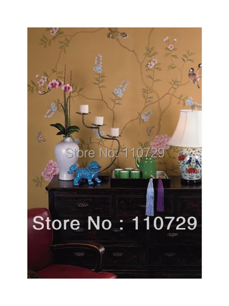 Customized Hand painted silk wallpaper painting Peony with birds hand-painted TV/Bedroom/living room/dinning/Sofa wall paper