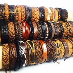 MIXMAX 100pcs retro leather bracelets for men's women's unisex handmade surfer cuff black brown color bangle wristband jewelry