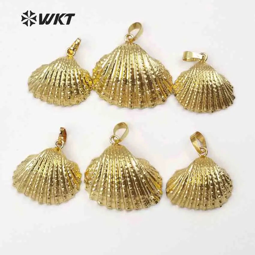 WT-JP018 Wholesale Newest hot full gold trim natural scallop shell pendant, lovely white scallop shell pendant full gold color