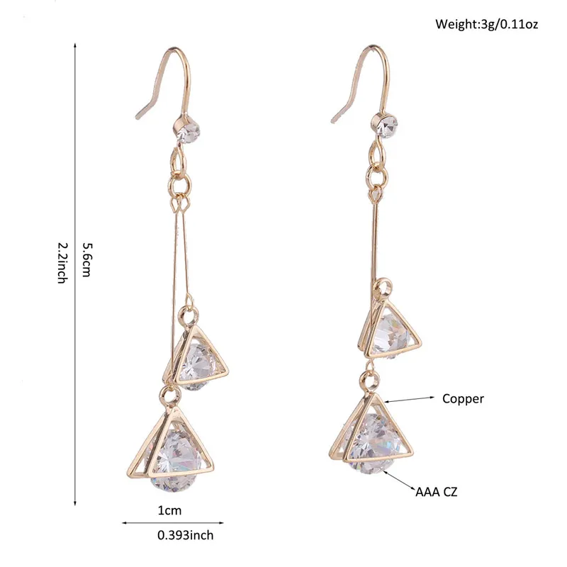 2017 New Style Fashion Double Triangle CZ Clip on Earrings Non  Piercing for Women Party Luxury Cute Long Earrings Not Allergy