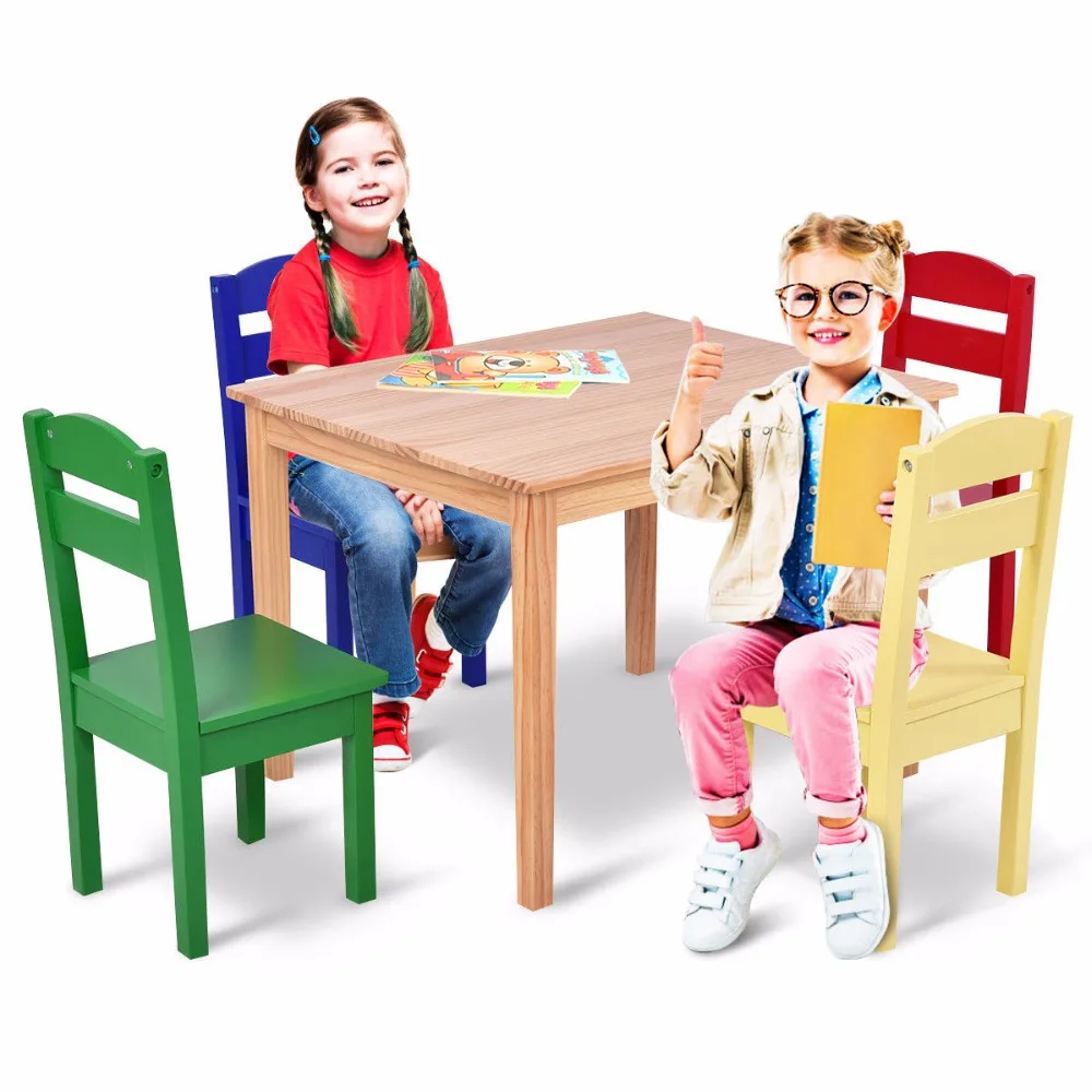 Goplus Kids 5 Piece Table Chair Set Pine Wood Multicolor Children Play Room Furniture