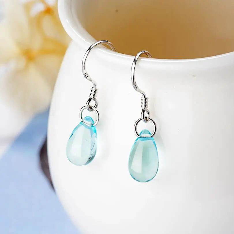 New Korean Literary Sweet Blue Crystal Water Drop Earrings For Women Pendientes Jewelry Gift Brincos SAE482