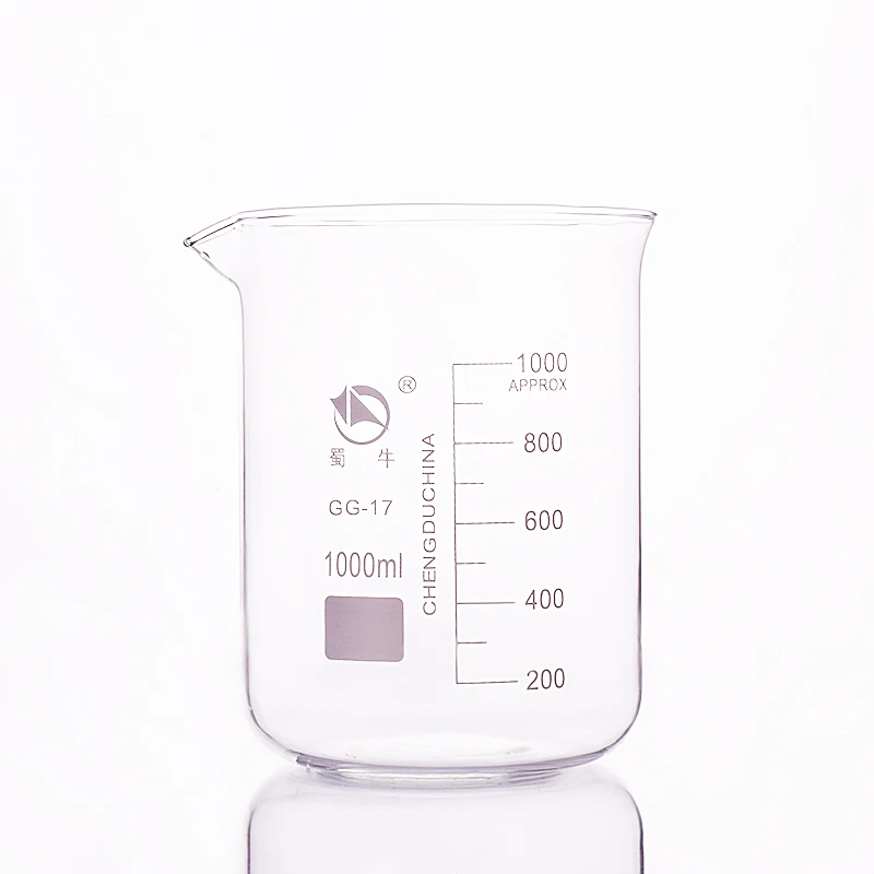 

Beaker in low form,Capacity 1000ml,Outer diameter=114mm,Height=155mm,Laboratory beaker