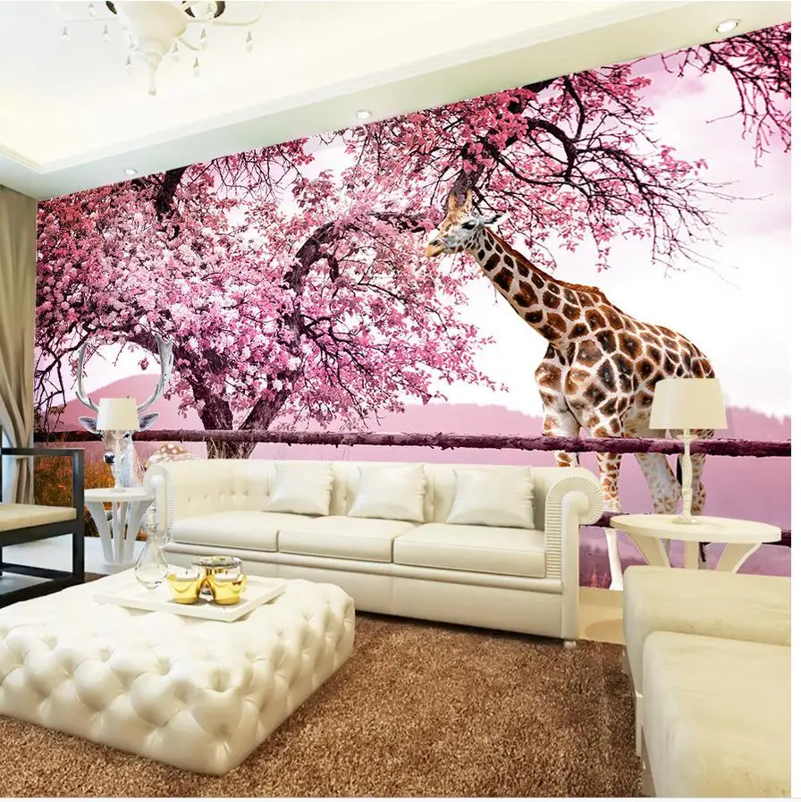 Custom Photo Wallpaper 3D Stereoscopic Cherry blossoms deer TV Background 3D Mural Wallpaper