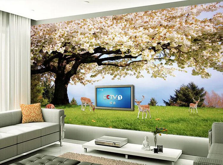 Modern living room sofa bedroom TV background wallpaper 3d fantasy cherry tree meadow wallpaper 8d rural nature wallpaper wall