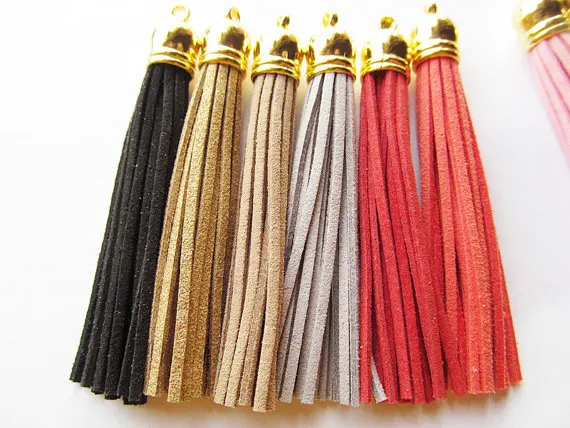 Free Shipping 10Pcs 90mm Mixed Suede Leather Jewelry Tassel For Key Chains/ Cellphone Charms Top Plated End Caps Cord Tip