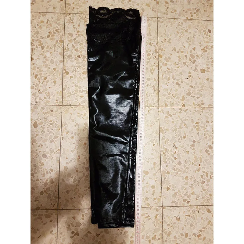 Black Gothic Wetlook Vinyl Leather Stockings Women Sexy Long Skinny Thigh High Lace Leather Stocking Erotic Lingerie Stocking