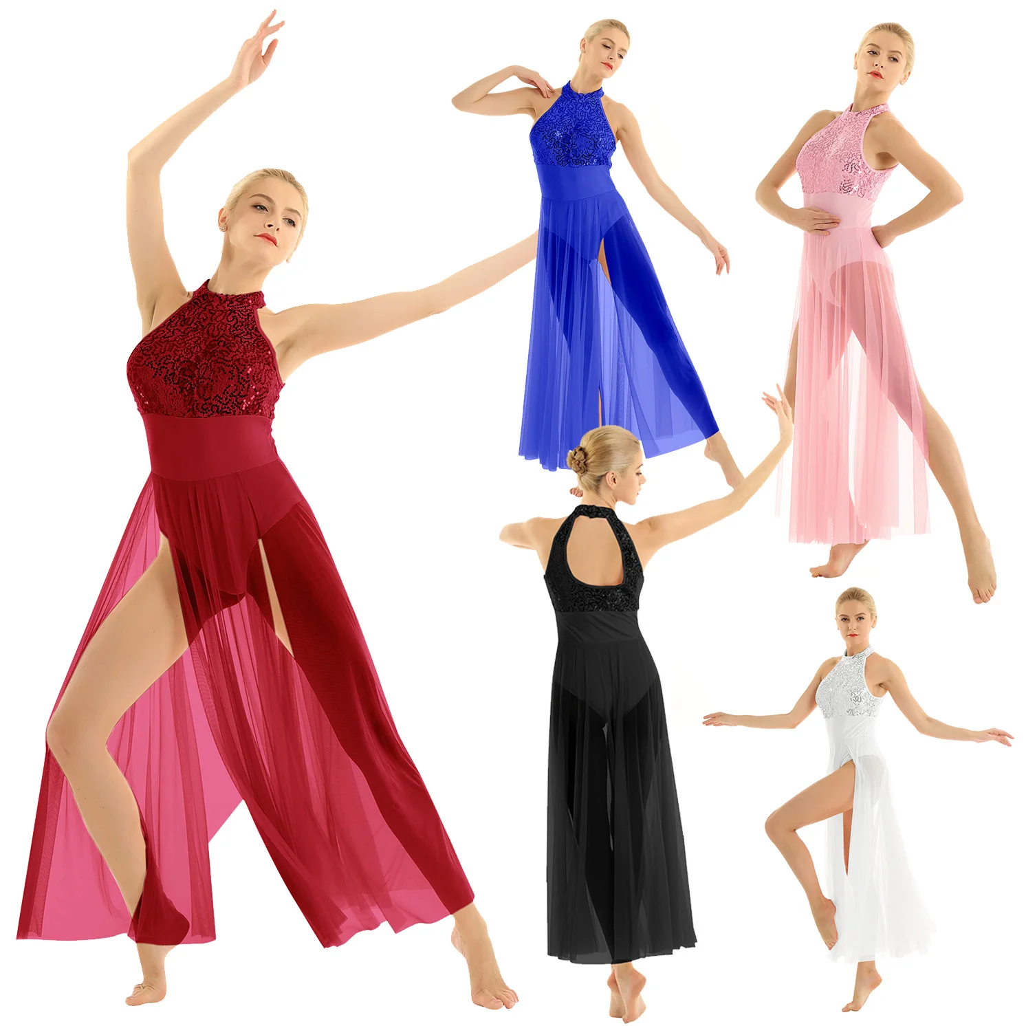 Ballet Dress Adult ballerina danza Sequined Mesh Maxi lyrical dance costume with Built-in Leotard Sleeveless Halter Dance Dress