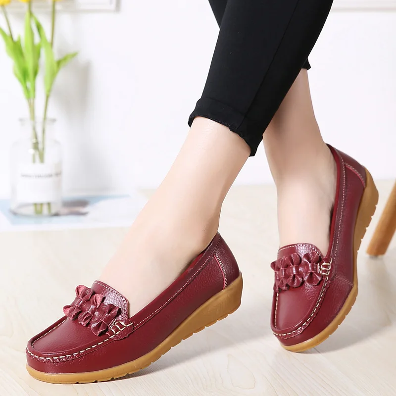 WOIZGIC Women Ladies Female Mother Genuine Leather Shoes Flats Loafers Slip On Breathable Soft Bow Plus Size 41 42 JTS-169