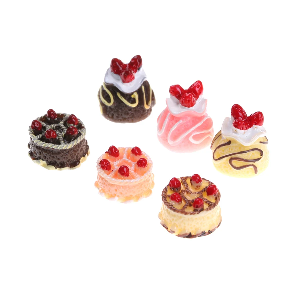 6PCS/Set Flatback Flat Back Kawaii Resin Cabochon Fake Miniature Food Strawberry Cake Resin Craft Decoration For Doll House