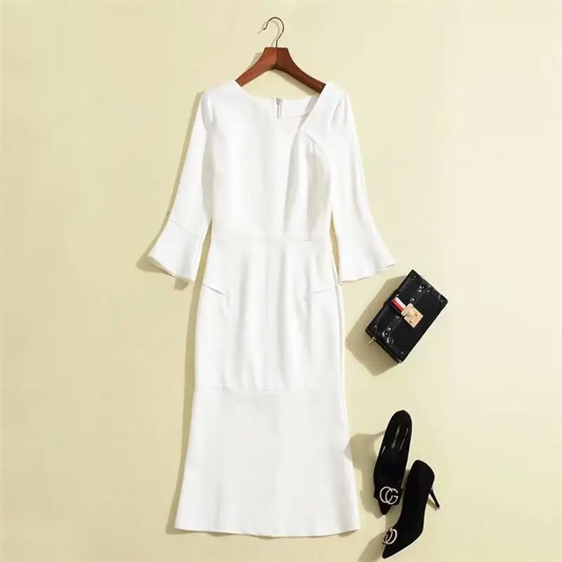 Princess Kate Middleton Dress 2020 Woman dress Oblique Collar Flare Sleeve Solid Slim Elegant Midi Dresses Work Dress  NP0171