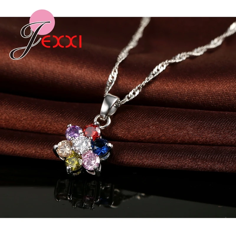 Exquisite Multi Color Cubic Zirconia Flower Necklace Crystal Drop Piercing Earrings 925 Sterling Sivler Jewelry Sets