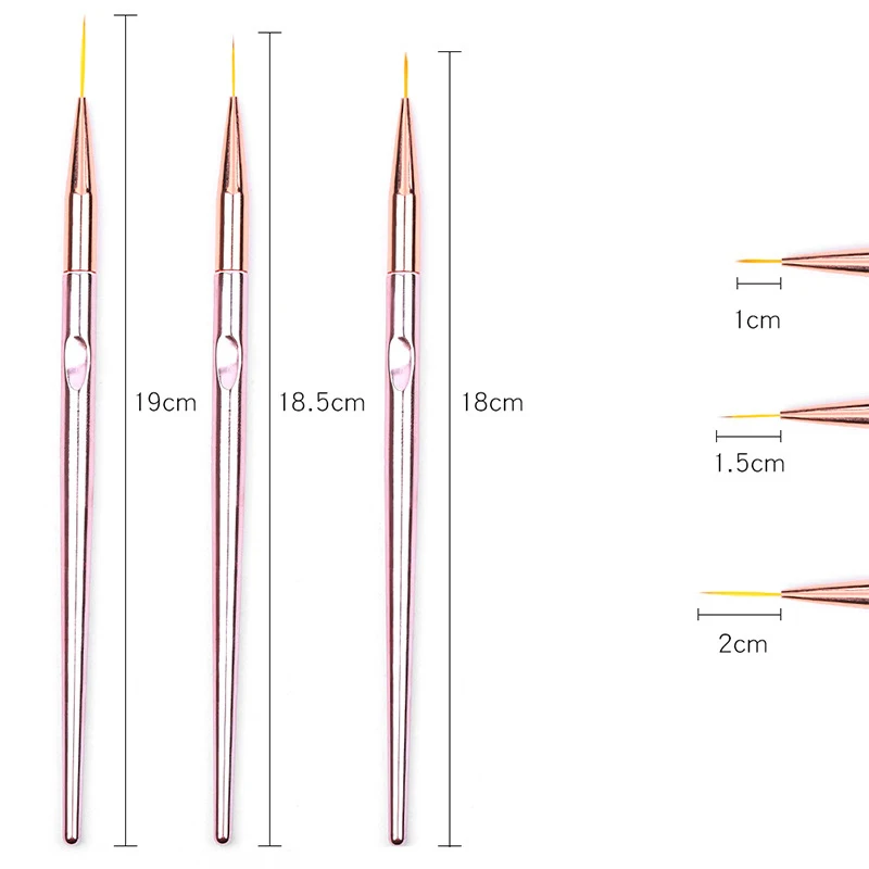 Pincel para uñas de Gel, delineador de dibujo, delineador de flores, Color oro rosa, puntas de Gel UV, herramienta de manicura, juego de pinceles para arte de uñas, 3 piezas