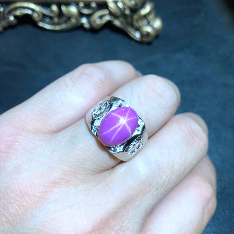 New strong power man ring cool pink Star Ruby gemstone ring for man big size shiny gem 925 sterling silver ornament man gift