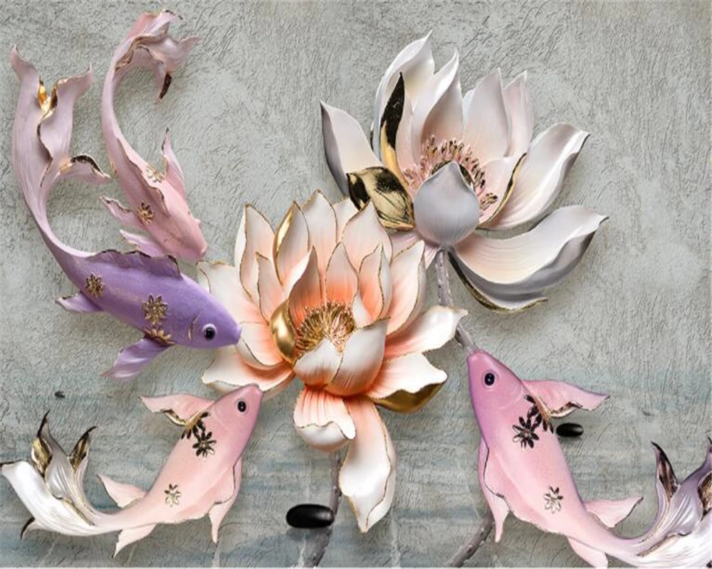 

high quality 3D wallpaper Embossed lotus fish retro fresh living room sofa TV wall photo wallpaper wall mural sticker Beibehang