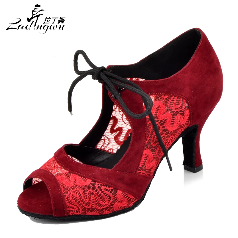 Ladingwu New Lace Collocation Flannel Dancing Shoes For Women Spring and Summer Latin Salsa Dance Sandals Black/Red Shoes Woman