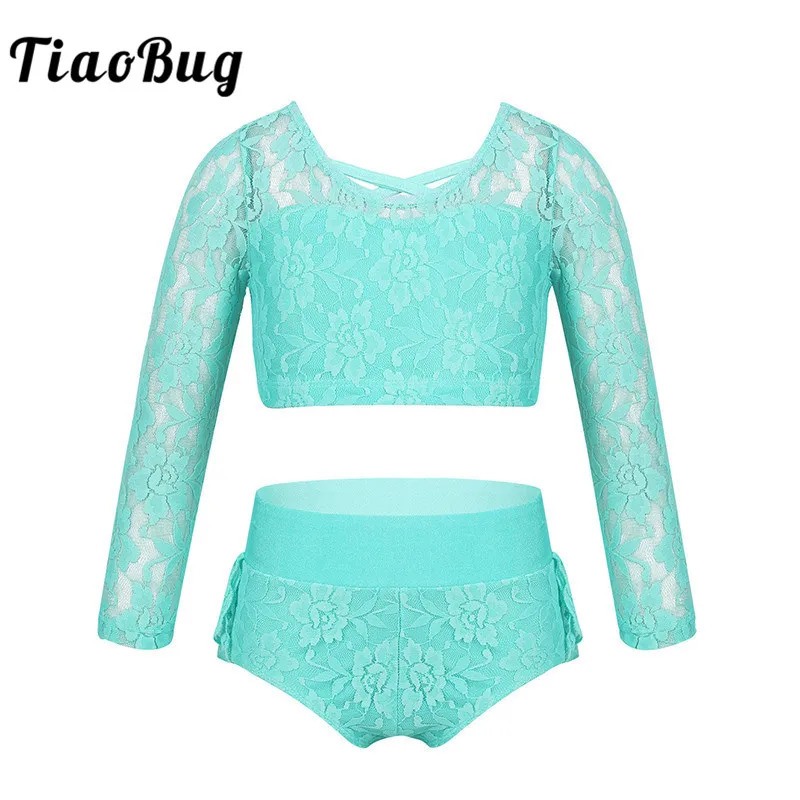 TiaoBug-ropa de baile deportiva de encaje Floral para niños y niñas, Tops cortos con volantes, conjunto de calzoncillos, disfraz de Ballet para gimnasia