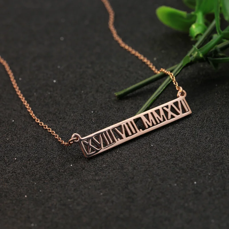 Roman Number Customized Necklace Horizontal Hollow Jewelry Personalized Charm Rose Golden Unisex Necklace