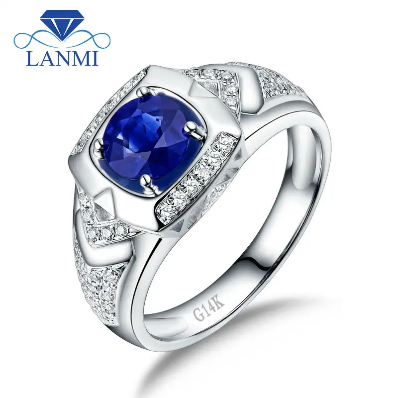 

LANMI Natural Oval Blue Sapphire Men's Wedding Ring Solid 14K White Gold Diamond Anniversary Jewelry Rings for Husband Gift