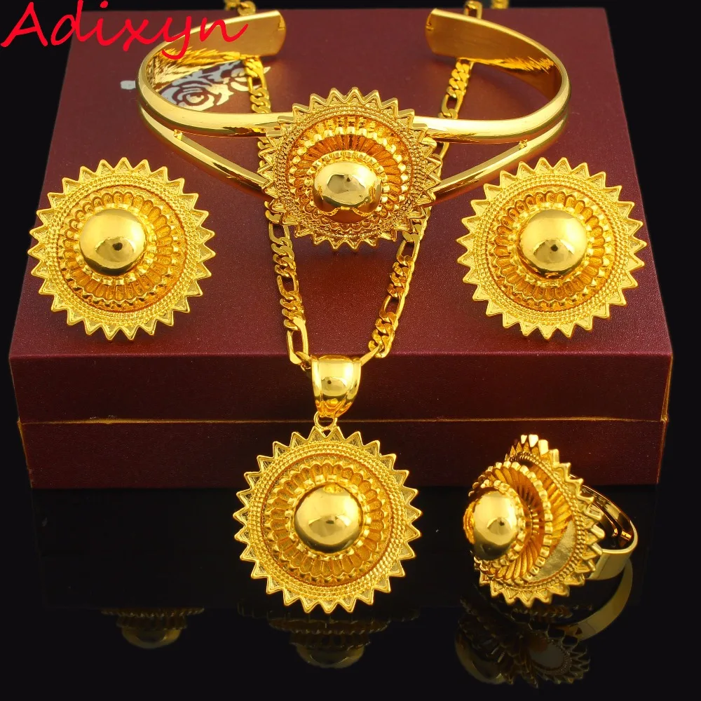 

Middle Size Ethiopian Gold Jewelry Sets 24K Gold Color Necklace/Earring/Ring/Bangle/Pendant Women Bridal Eritrea Wedding Gifts