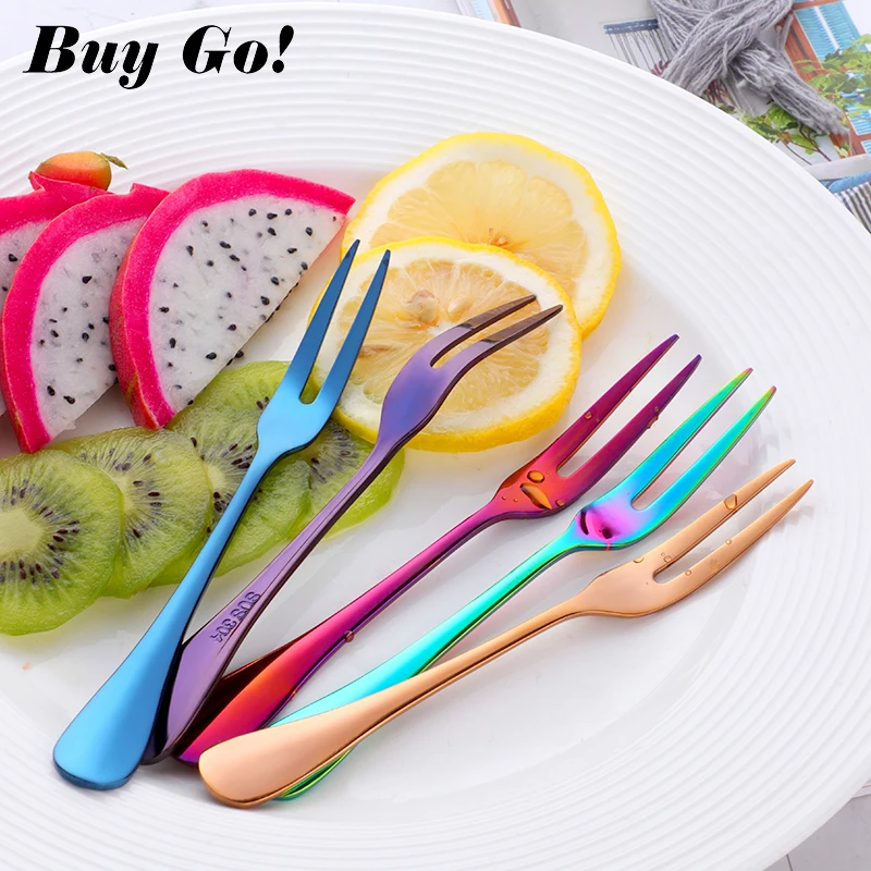 2PCS Stainless Steel Fruit Dessert Cake Fork Eco-friendly Two Tooth Dinner Salad Fork Tableware Hotel Restaurant Party Supplies