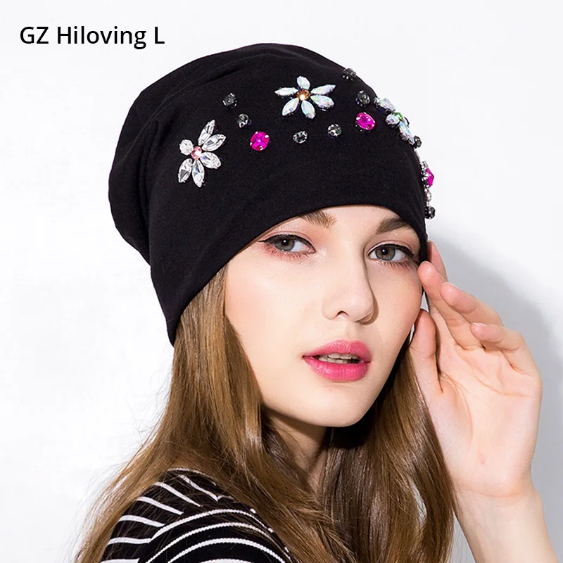 

GZHILOVINGL Shine Rhinestone Beanie Flower Women Bonnet Hats Spring Beanies Cotton Skullies Brand Caps For Ladies 2018 Gorros