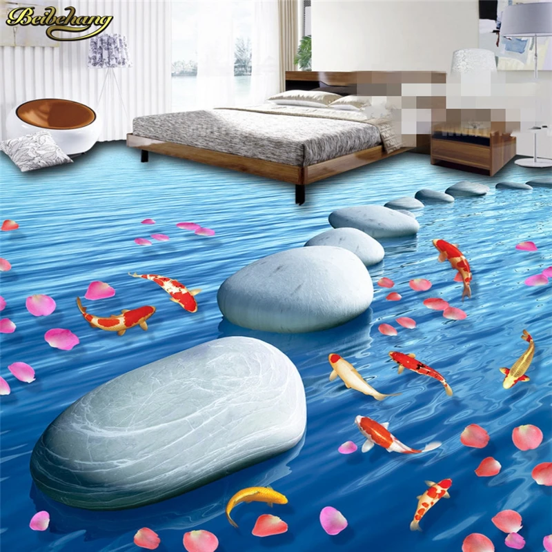 beibehang Custom Photo Wallpaper Floor Painting Striped Stone Falling Water Carp 3D Floor papel de parede