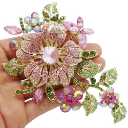 Big New Elegant Pink Crystal Flower Brooch Rhinestone Pin Romantic Wedding Bride Bridesmaid Large Brooches For Woman Jewelry