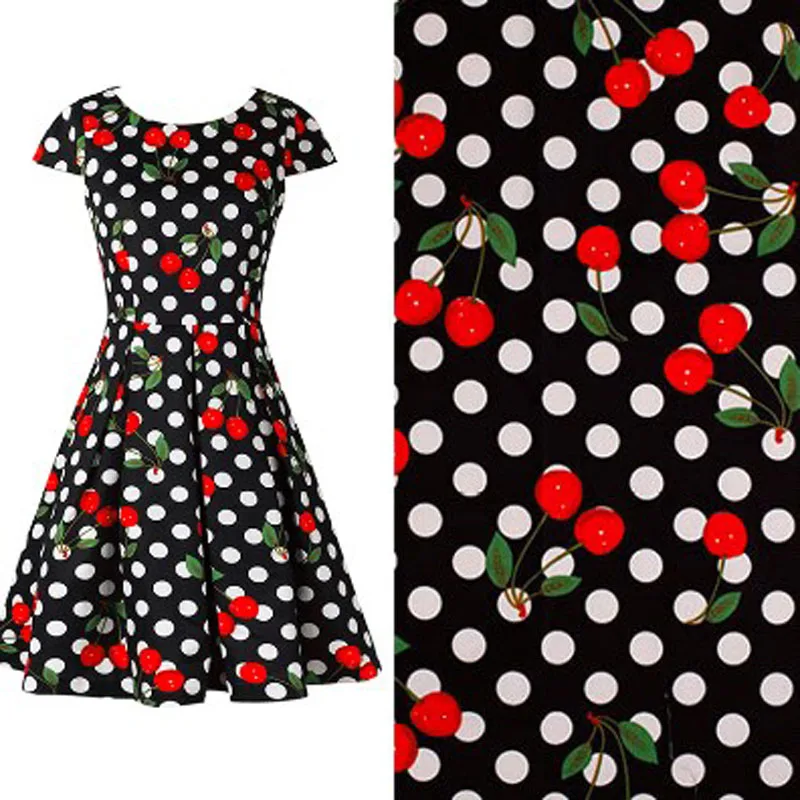 Classic Big Black White Polka Dot & Red Cherry Printed Cotton Spandex Fabric For DIY Sewing 50x140cm