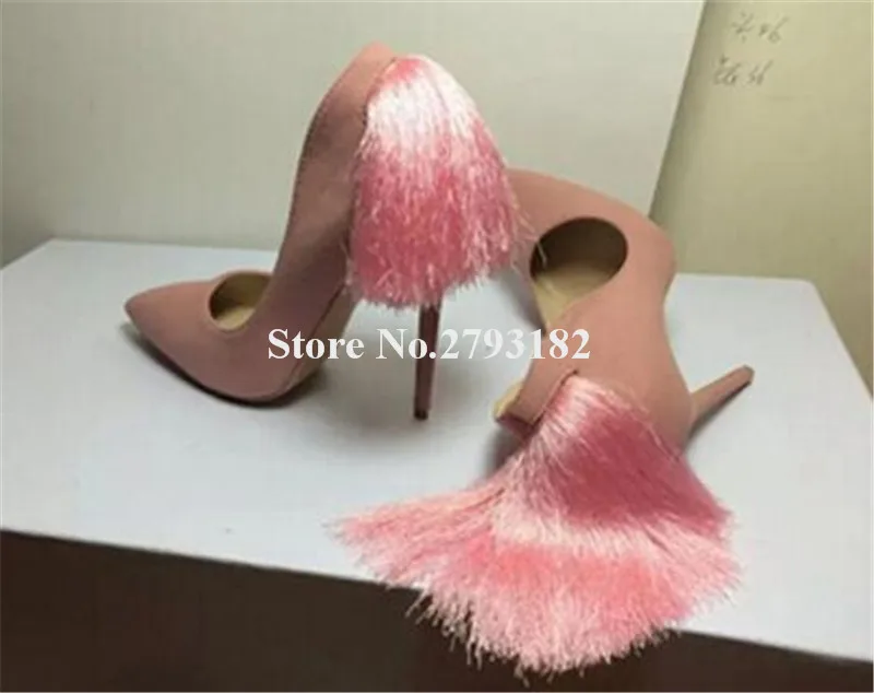 Women Charming Suede Leather Pointed Toe Back Tassels Pumps Pink Yellow Purple Fringes High Heels Formal Dress Shoes