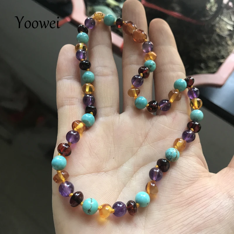 

Yoowei Baby Amber Teething Necklace Genuine Beads Natural Amethyst Turquoise Baltic Amber Jewelry Bracelet Necklace Wholesale