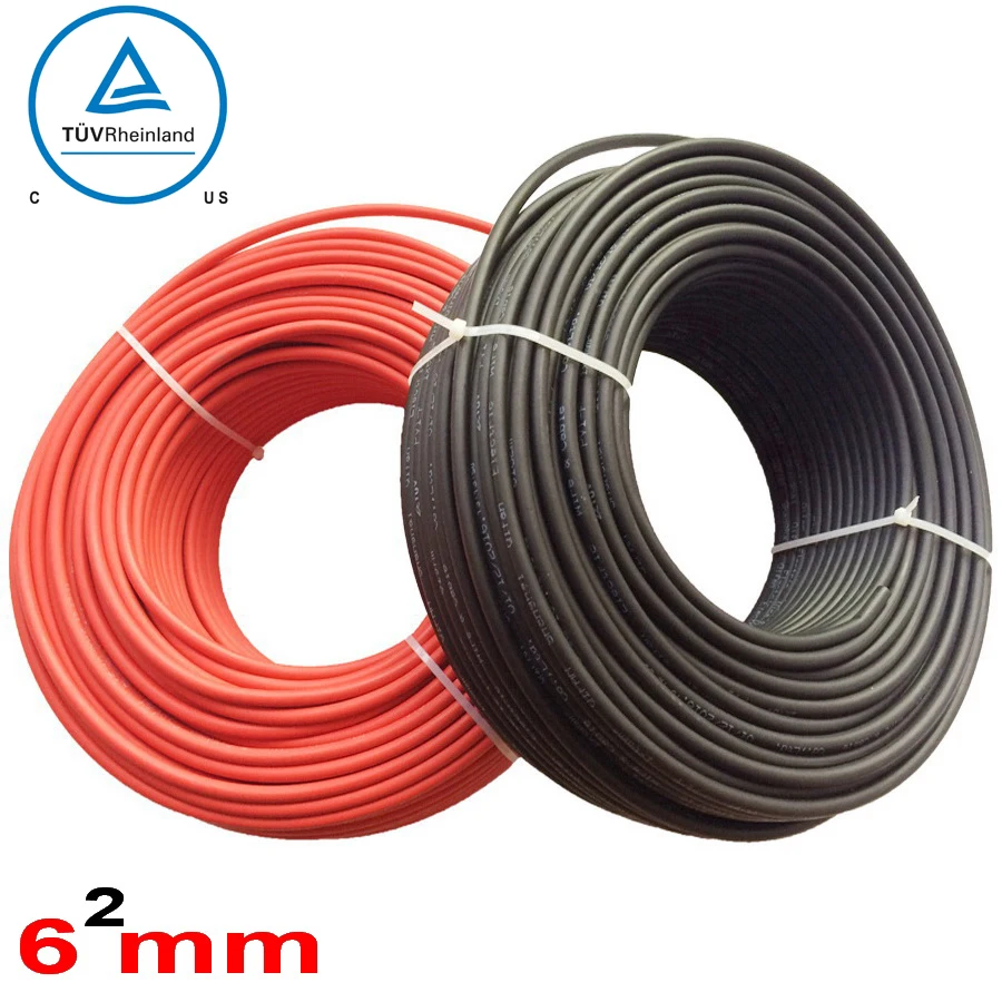 

20m/roll 6mm2 Solar Cable Red or Black PV Cable Wire Copper Conductor XLPE Jacket insulation solar cable wire TUV approved