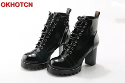 OKHOTCN Fashion Thick Heels Platform Womens Boots Lace Up Genuine Leather Women Ankle Boots Black Chunky Heel Botas Altas Mujer