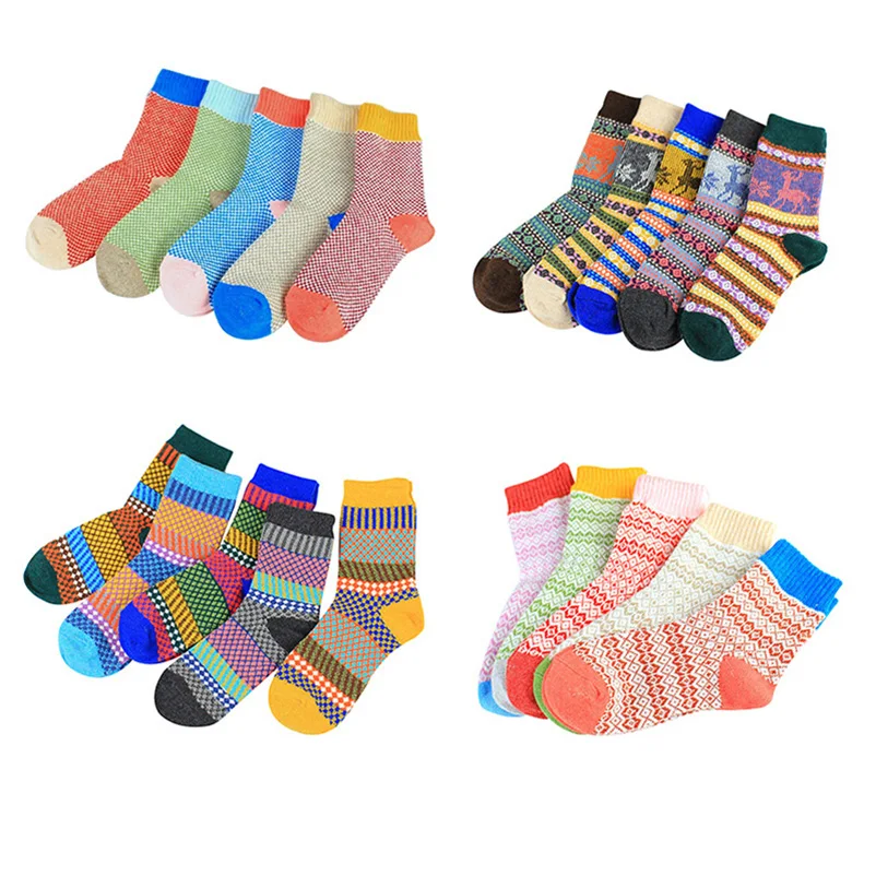 5 Pairs Winter Retro Speciale Etnische Stijl Thermische Wollen Sokken Hoge Buis Verdikking Warme Zachte Konijn Wol Vrouwen Sokken Kerst