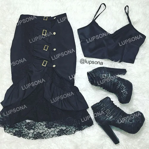 

Steampunk Gothic Style Darkness Black Lace Patchwork Metal Button Skirts Women Fashion Punk Tutu Lolita Chic Cool Black Skirts