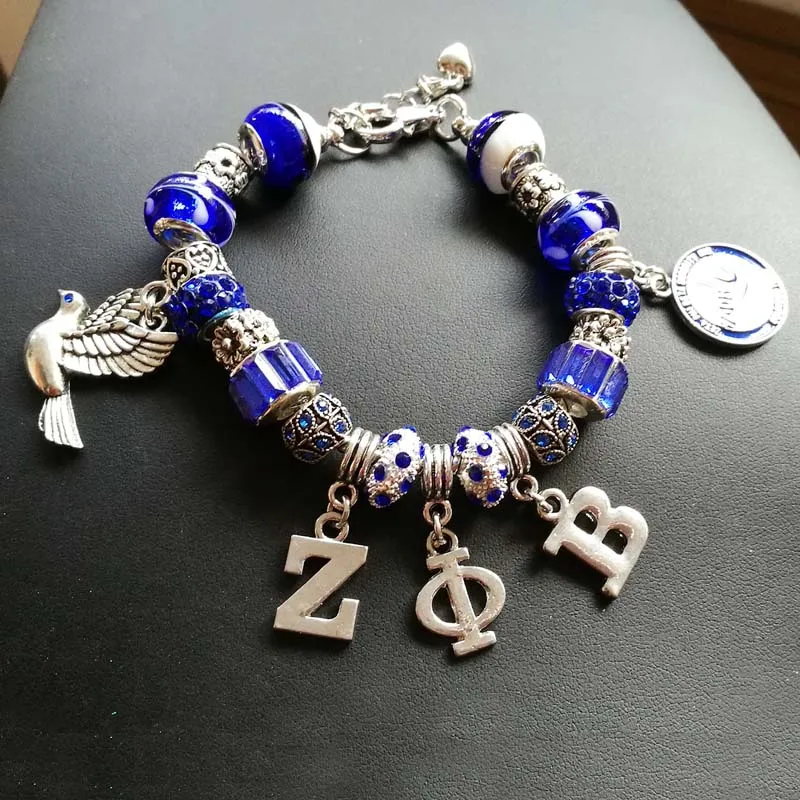 European Style Vintage Silver plated  Charm Pandor Zeta Phi Beta Sorority Greek ZPB DIY charm Necklace Bracelet Jewerly