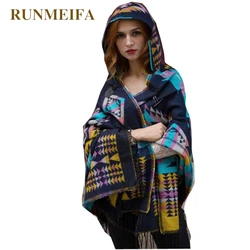 RUNMEIFA 2020 Winter Warm Poncho For Women Retro Geometric Cape femme ponchos and capes woman Hooded Coat Cloak Tippet Plus Size