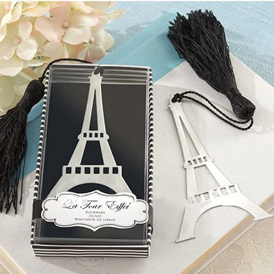 1pcs/box Romantic Eiffel Tower Bookmarks With Tassel Metal Bookmark Stationery Wedding Gifts Free Shipping