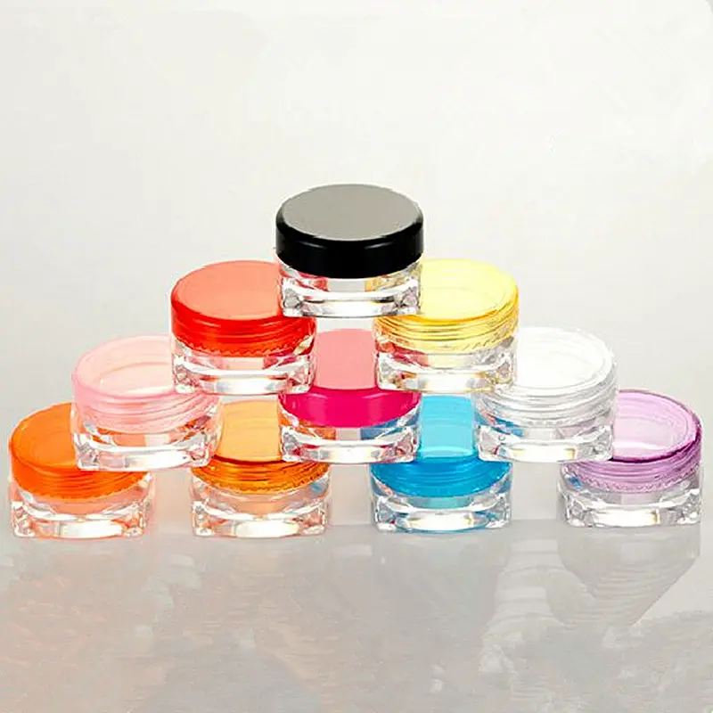 

100pc/Lot 3g 5g Colorful PS Plastic Square Cosmetic Cream Jars Container Multicolour Sample Jar Transparent Makeup Cream Bottles