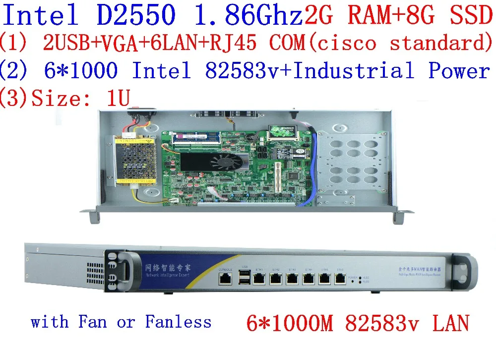 

Hot sell 1U atom D2550 1.86Ghz Firewall With 6*inte 1000M 82583v Lan support Panabit Wayos ROS Mikrotik PFSense 2G RAM 8G SSD