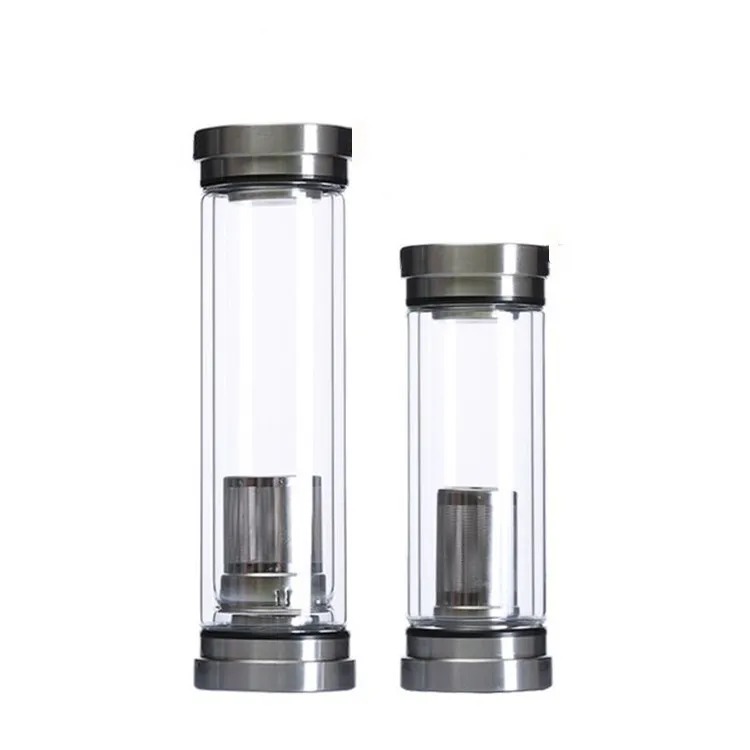 Glass Two Lids Water Bottle, 300-400ml Brief Glass Tea Cup With Infuser for travel, Applicable Double Walled Glass Bottle