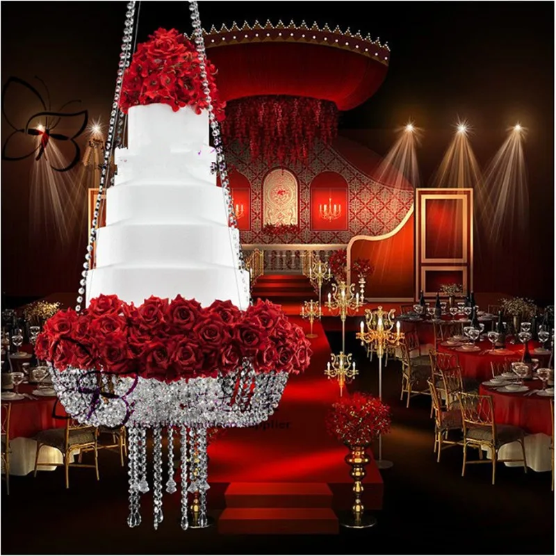 Dia 60cm Round Crystal chandelier cake stand Hanging Cake Rack with crystal beaded cake table for wedding decoration