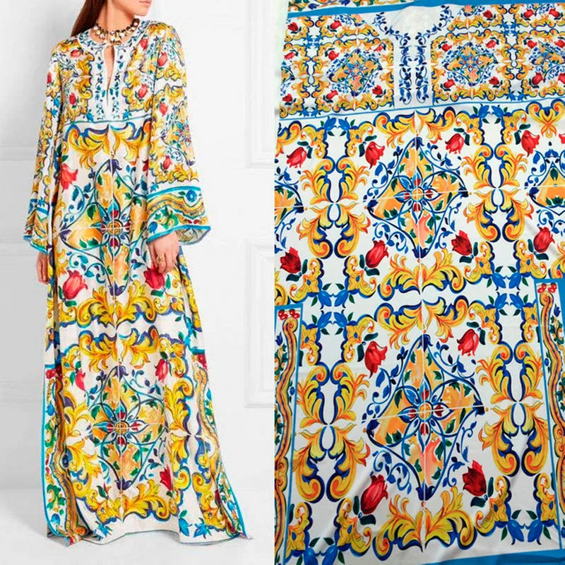 207X145cm Fashion Week Located China Ceramics Painting Majolica Printed Imitate Silk Satin Fabric For Woman\'s Long Dress Cloth