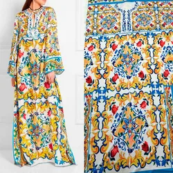 207X145cm Fashion Week Located China Ceramics Painting Majolica Printed Imitate Silk Satin Fabric For Woman's Long Dress Cloth