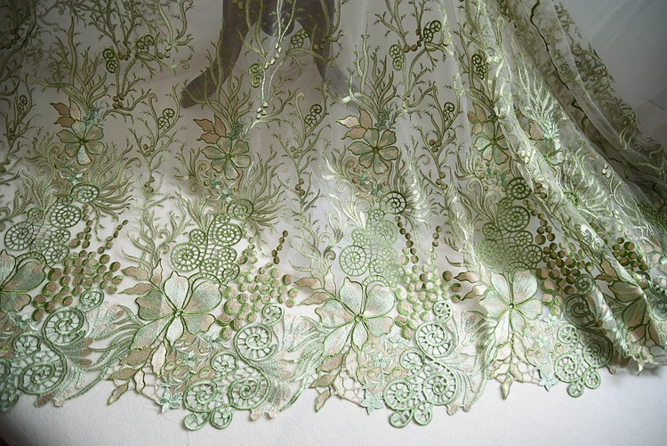 

Retro Style Green Gold Hollow Out Embroidered Floral Lace Fabric New Design Bridal Gown Fabric 7 Colors Optional