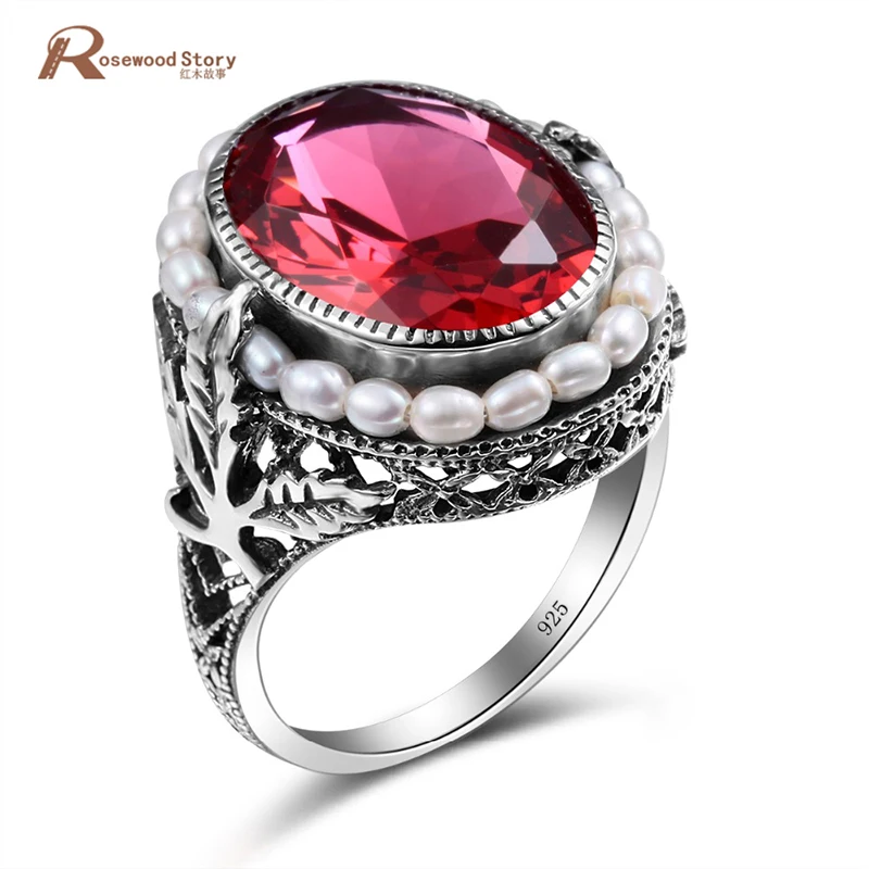 100% Genuine Natural Freshwater Pearl Ring Elegant Lab Ruby Stone CZ Ring 925 Sterling Silver Cocktail Rings For Women Wedding