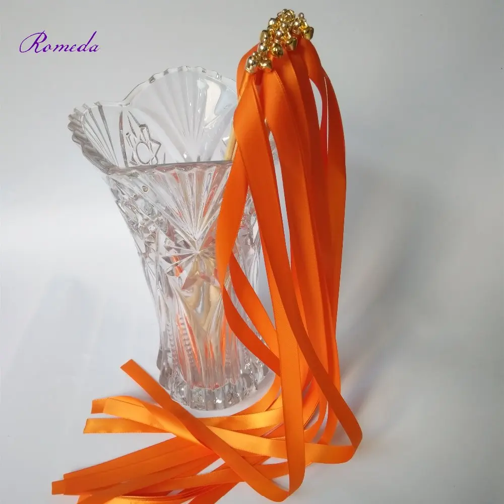 

New style 50pcs/lot light orange stain ribbon wedding stick wands With golden Bells for wedding decoration