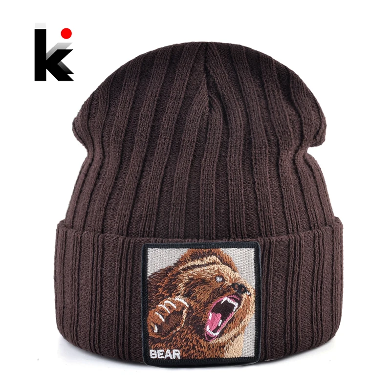 Haftowany niedźwiedź czapka z dzianiny czapka męska jednokolorowa jesienno-zimowa Knitting Boy Skullies czapki damskie Streetwear Kpop Gorras Bonnet